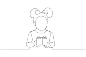 Little girl with birthday gift one line drawing. Birthday theme continuous outline vector