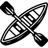 Wooden canoe boat with double oar in monochrome. Equipment for active recreation. Simple minimalistic in black ink drawing on white background vector