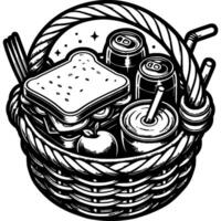 Round picnic basket with drinks and food in monochrome. Sandwiches, fruit and soda in a wicker basket. Simple minimalistic in black ink drawing on white background vector