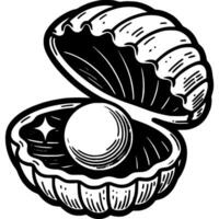 Bivalve shell with large pearl inside in monochrome. Natural pearl mining. Simple minimalistic in black ink drawing on white background vector