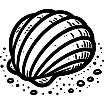 Bivalve mollusk scallop lies on bottom of sea in monochrome. Pearl shell. Simple minimalistic in black ink drawing on white background vector