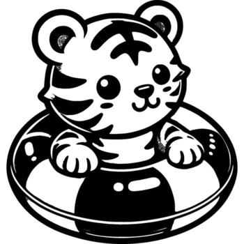 Small tiger child learns to swim on lifebuoy in monochrome. Rules of conduct for children in open water. Simple minimalistic in black ink drawing on white background vector
