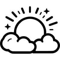 Bright summer sun peeking out from behind clouds in monochrome. Sunny summer weather. Simple minimalistic in black ink drawing on white background vector