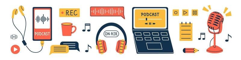 collection of different podcast elements. Podcast recording and listening, broadcasting, radio. Interview and blogging. Trendy set of earphones, microphone, headphones, laptop, phone. vector