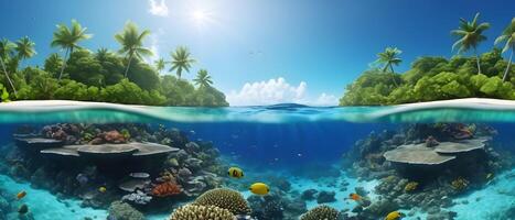 tropical isla con blanco arenoso playas y un diverso coral arrecife ecosistema, dividido por el línea del agua. foto