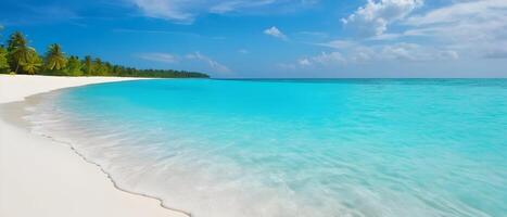 Panorama of a beautiful white sand beach and turquoise water. Holiday summer beach background. Wave of the sea on the sand beach. photo