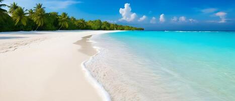 Panorama of a beautiful white sand beach and turquoise water. Holiday summer beach background. Wave of the sea on the sand beach. photo