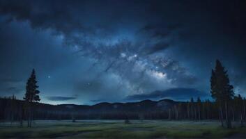 Clouds over forest at night with blue dark night sky with many stars above field of trees. Milky Way cosmos background photo