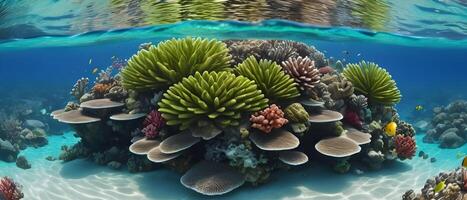 tropical isla con blanco arenoso playas y un diverso coral arrecife ecosistema, dividido por el línea del agua. foto