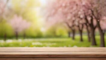 Empty table background with spring time blurred background. photo