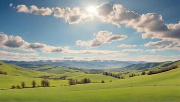 Beautiful panoramic views. Sunny day. Beautiful spring view in the mountains. Grassy fields and hills. photo