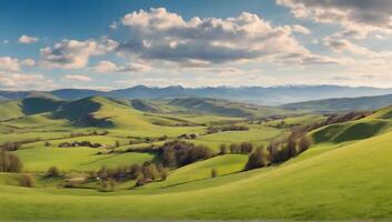 Beautiful panoramic views. Sunny day. Beautiful spring view in the mountains. Grassy fields and hills. photo