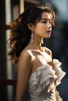 hermosa asiático mujer con largo marrón Rizado pelo foto