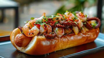 Savory Gourmet Hot Dog with Seafood Toppings photo