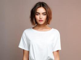 Beautiful young woman in blank white t-shirt mock up. photo