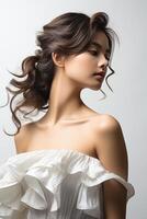 Beautiful asian woman with long brown curly hair photo