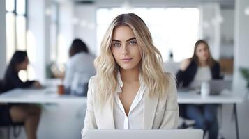 Portrait of smiling businesswoman in the office background photo