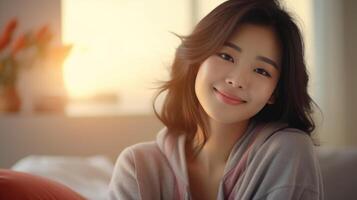 Beautiful young asian woman wake up in the morning photo