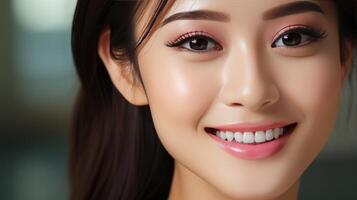 Close up of young woman smiling with perfect white teeth photo