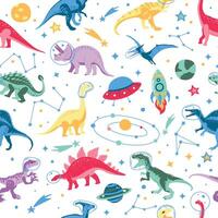 Astronaut dinosaur character design. Cute space seamless pattern. Dinosaur,space ship, rocket print vector