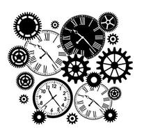 Black and white drawing of clocks and gears on white background vector