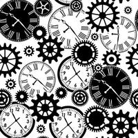 Black and white gears and clocks seamless pattern on white background vector