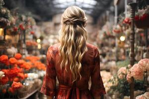 un rubia en un rojo vestir es en pie en un flor tienda ver desde espalda foto