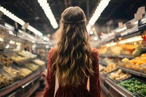 un rubia en un rojo vestir es en pie en un tienda de comestibles almacenar. ver desde espalda foto