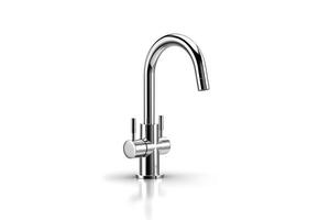 Shiny bathroom faucet isolated on total white background photo