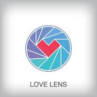 Heart inside round lens, modern logo. Unique color transitions. Optical heart eye element logo template. vector