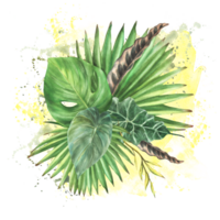 bukett av tropisk grön löv på vattenfärg färga stänk gul bakgrund. exotisk Hem växt. monstera handflatan blad, grönska kryp. philodendron trendig ClipArt. hand dragen illustration isolerat png