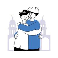 Muslim men hugging and wishing each other. Eid al adha mubarak hand drawn character illustration vector