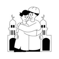 Muslim men hugging and wishing each other. Eid al adha mubarak hand drawn character illustration vector