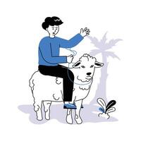 A boy sitting on sheep, playing with animal character illustration vector