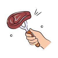 Hand holding grilled meat with fork, ready to use grilled mead vector