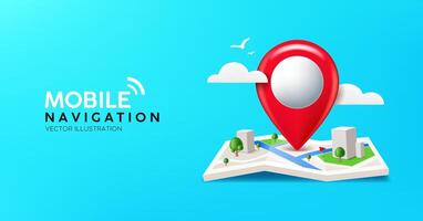 Folded maps mobile navigation, red pin location icon on building city street roads banner design on blue background vector