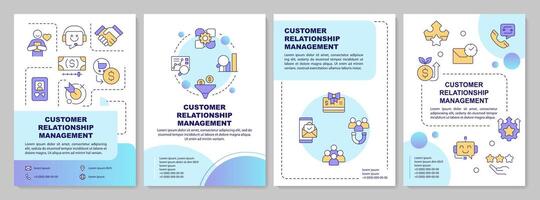 CRM system features blue gradient brochure template. Leaflet design with linear icons. Editable 4 layouts for presentation, annual reports vector