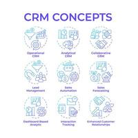 CRM system types blue gradient concept icons. Customer management, sales automation. Business intelligence. Icon pack. Round shape illustrations for infographic. Abstract idea vector