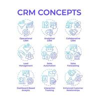 crm sistema tipos azul degradado concepto iconos cliente gestión, ventas automatización. negocio inteligencia. icono embalar. redondo forma ilustraciones para infografía. resumen idea vector