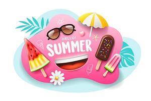Ice cream Summer holiday present, cool sweet fresh, on pink and blue poster flyer background vector