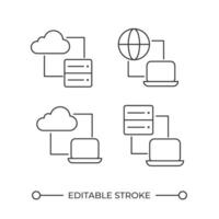 Computer connection linear icons set. Internet access. Cloud computing technology. Server connectivity. Customizable thin line symbols. Isolated outline illustrations. Editable stroke vector