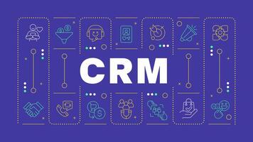 CRM blue word concept. Customer relationships. Email management, advanced analytics. Horizontal image. Headline text surrounded by editable outline icons vector