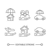 Insurance services linear icons set. Life and property insurance. Risk management. Family protection. Customizable thin line symbols. Isolated outline illustrations. Editable stroke vector