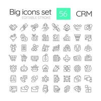 CRM linear icons set. Social marketing, media advertising. Business statistics, performance metrics. Customizable thin line symbols. Isolated outline illustrations. Editable stroke vector