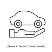 Car insurance linear icon. Hand holding car. Selling automobile. Car ownership. Commercial offer. Buying vehicle. Thin line illustration. Contour symbol. outline drawing. Editable stroke vector