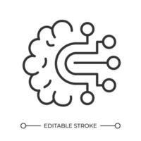 Cognitive computing linear icon. Human brain and electronic circuitry. Artificial intelligence. Machine learning. Thin line illustration. Contour symbol. outline drawing. Editable stroke vector