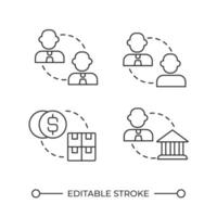 Ecommerce linear icons set. Business models. Business to business. Retail industry. Wholesale retail. Customizable thin line symbols. Isolated outline illustrations. Editable stroke vector