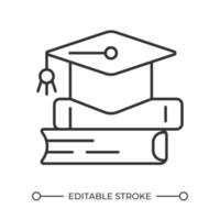 Education linear icon. Academic cap and books stack. Learning symbol. Higher education. Academic success. Thin line illustration. Contour symbol. outline drawing. Editable stroke vector