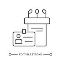 Public speaking event linear icon. Podium and id badge. Professional event. Panel discussion. Press conference. Thin line illustration. Contour symbol. outline drawing. Editable stroke vector
