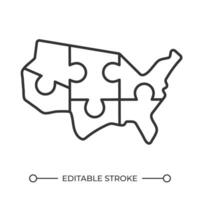 National unity linear icon. Abstract map of the United States. Regional interdependence. Puzzle pieces. Thin line illustration. Contour symbol. outline drawing. Editable stroke vector